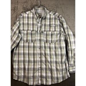 LL Bean Fishing Shirt Mens L Grey Yellow plaid‎ Long Sleeve Button Up Vented